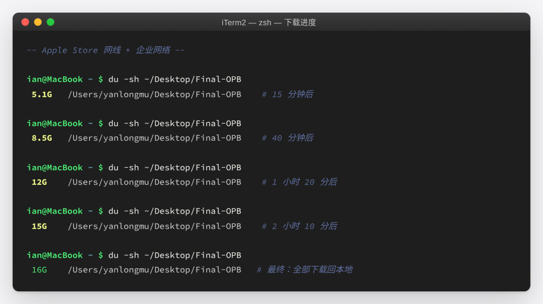 2 小时，从 5.1 GB 涨到 16 GB，全部下载回本地